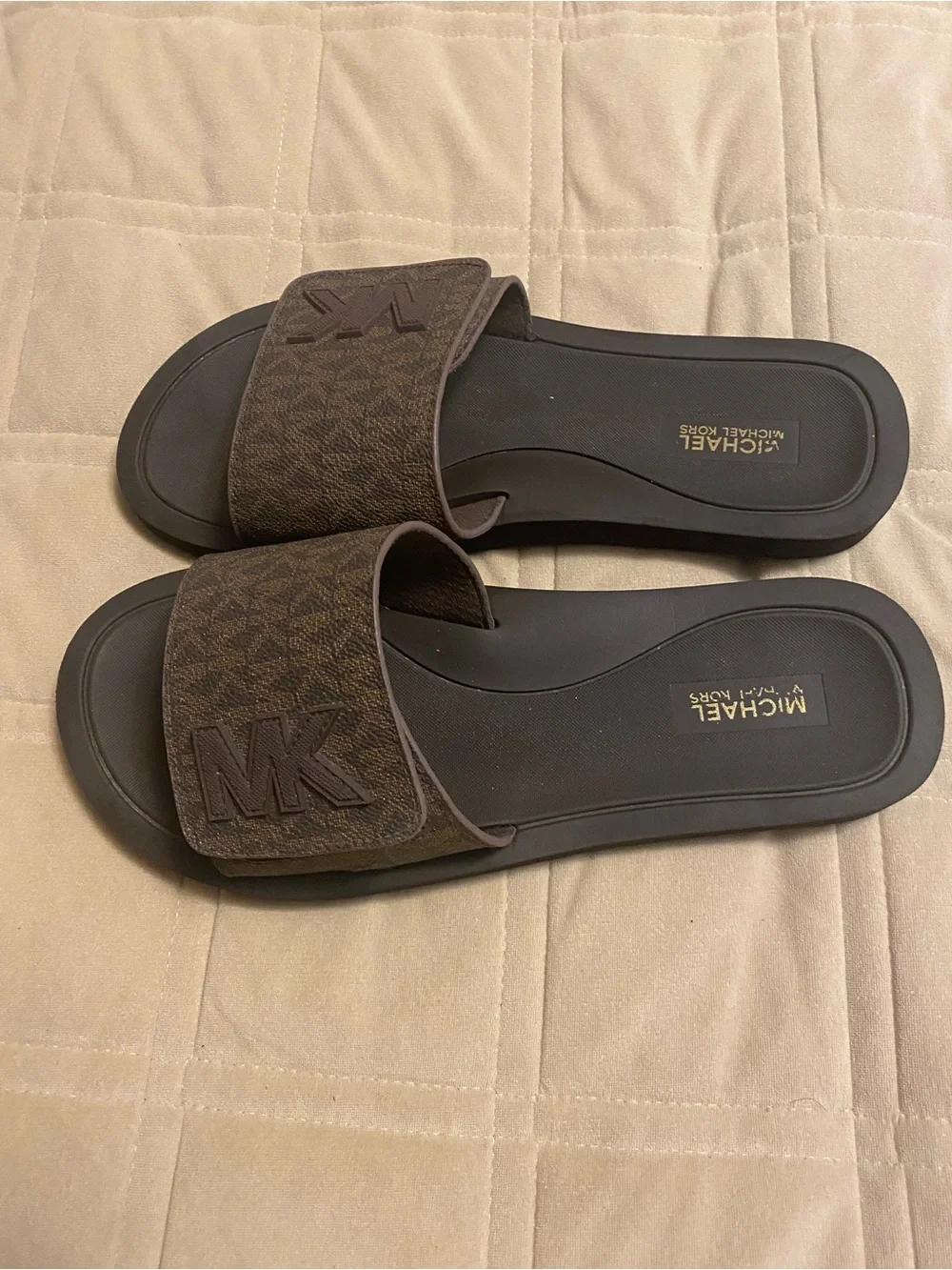 Michael Kors Men’s Brown Logo Slide Sandals with MK Monogram Strap